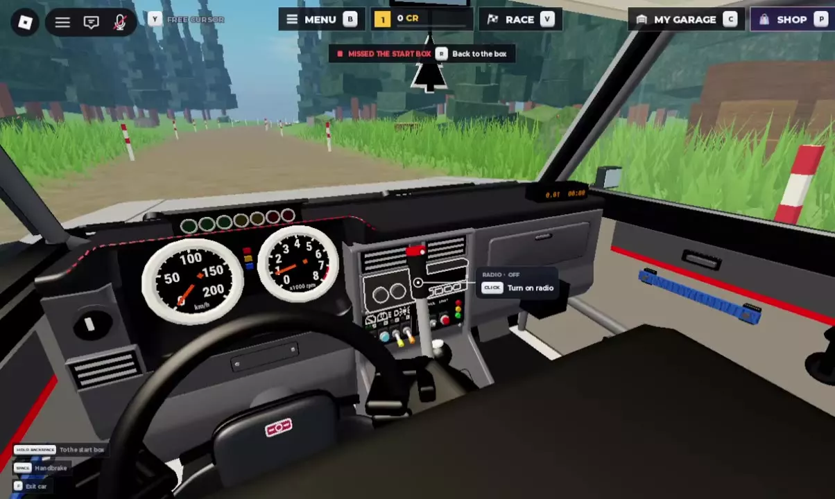 Center-console radio with the Turn on radio prompt beside the dashboard.