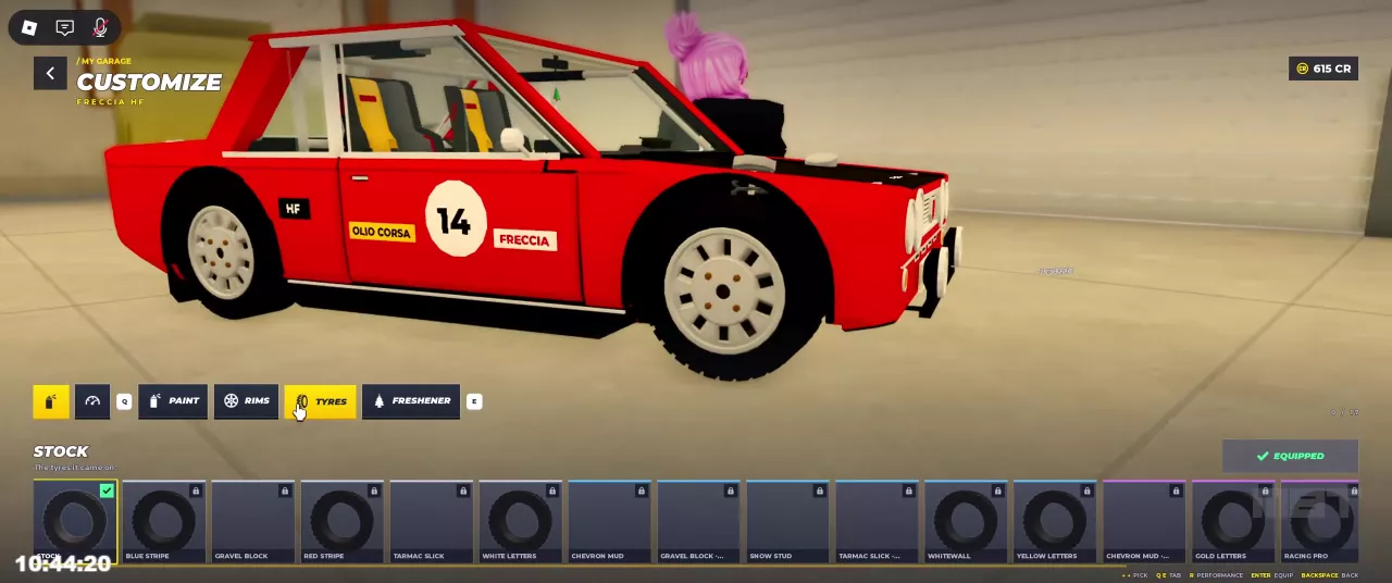 Tyres tab with Stock equipped and locked tyre cards along the bottom.