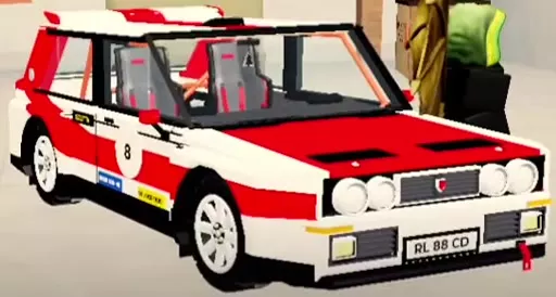 Red and white Saetta HF rally hatchback with door number 8.