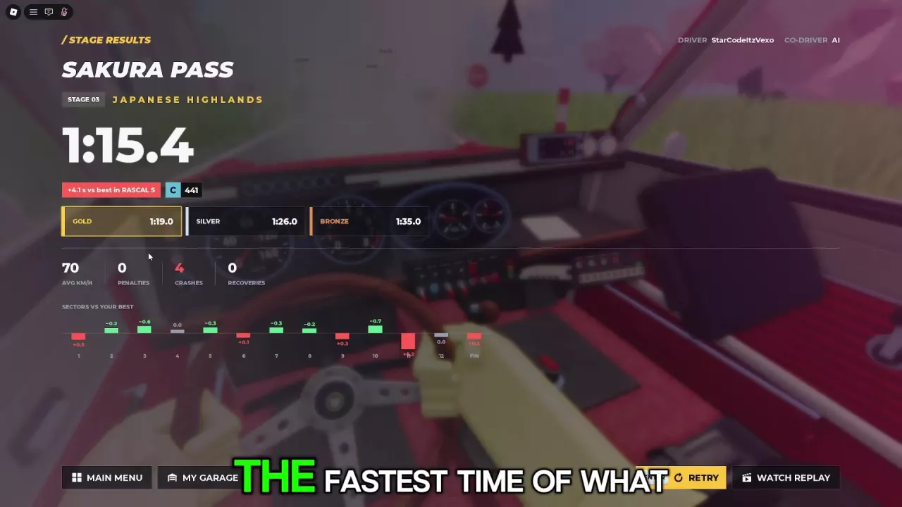 Sakura Pass results with red and green sector gaps, plus Retry and Watch Replay buttons.