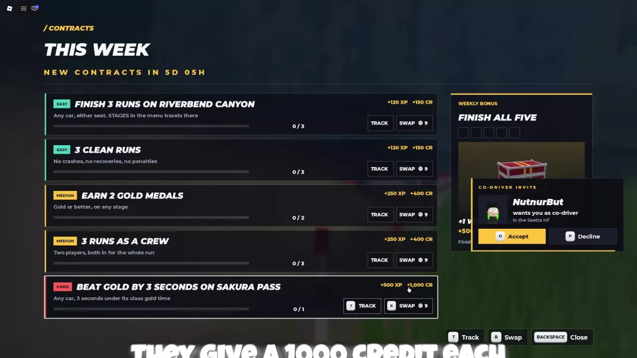 Backseat Rally weekly contracts menu with task progress, XP and CR rewards, Track and Swap controls, and the Weekly Bonus panel.