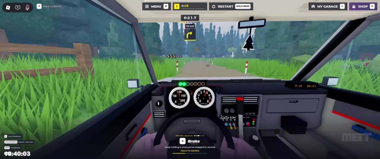 Driver Basics Brake lesson with the progress bar and HOLD S TO CONTINUE prompt.