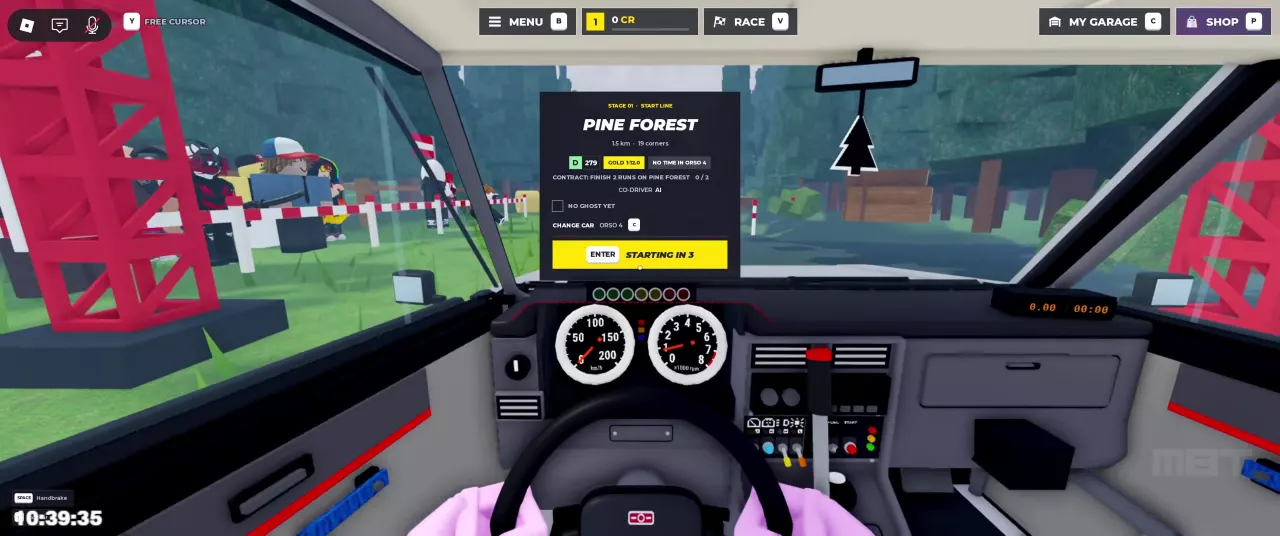 Pine Forest start panel showing a contract to finish two runs and progress of 0/2.