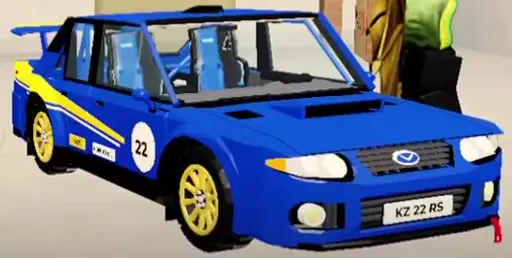Blue Kaze RS with yellow graphics, gold wheels and door number 22.