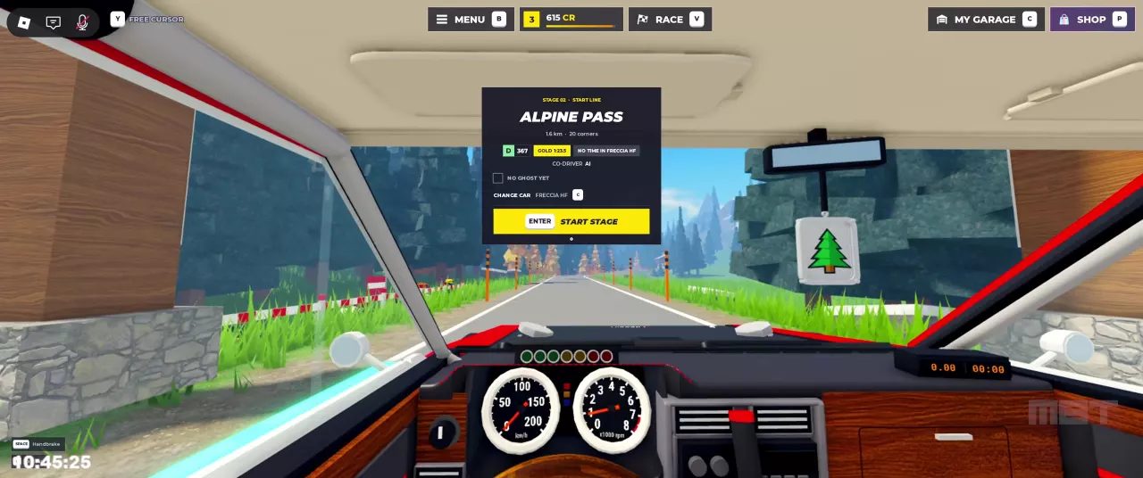 Alpine Pass start panel with Enter to start the stage and C to change cars.