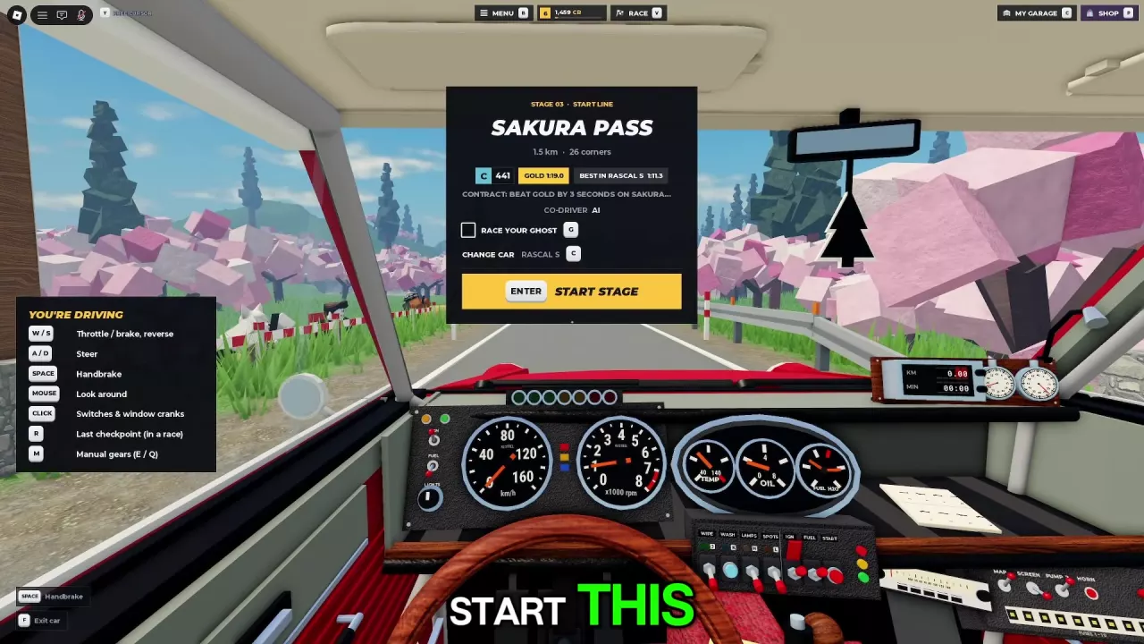 Sakura Pass start panel with the Race Your Ghost checkbox, G shortcut and Enter Start Stage button.