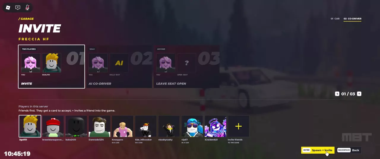 Co-driver setup with Invite, AI Co-driver, and Leave Seat Open options.
