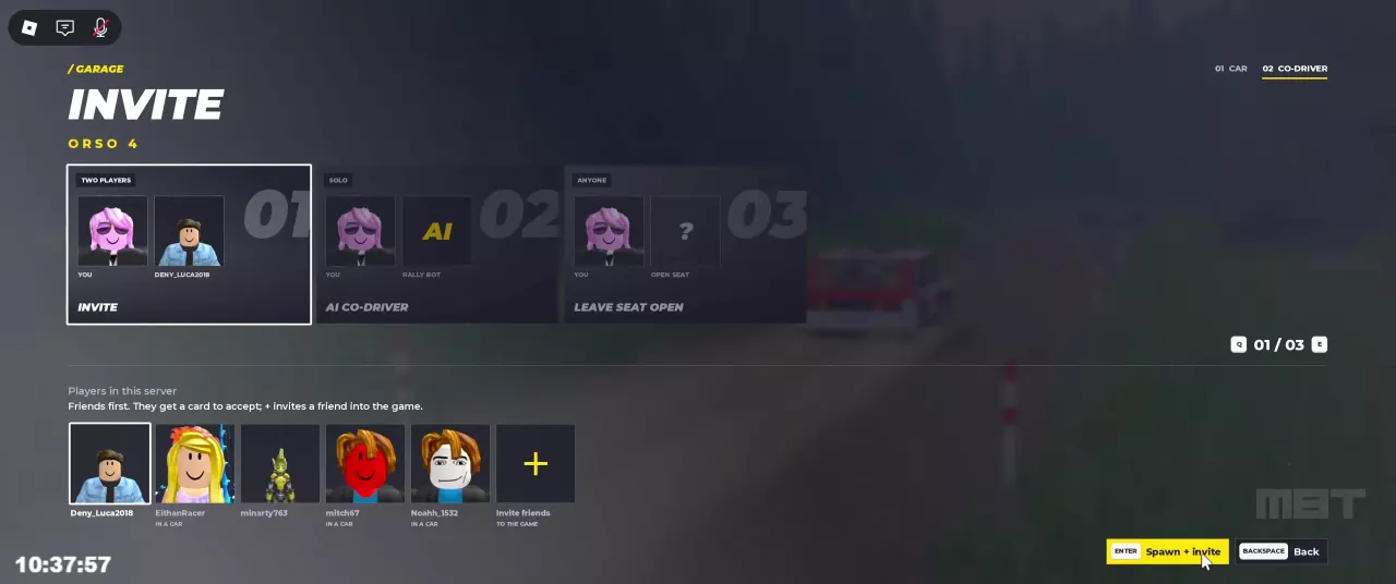 Co-driver invitation screen with a selected server player, Invite friends tile, and Spawn + invite button.