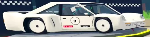 White Orkan 9S sports car with door number 9 on a display stand.