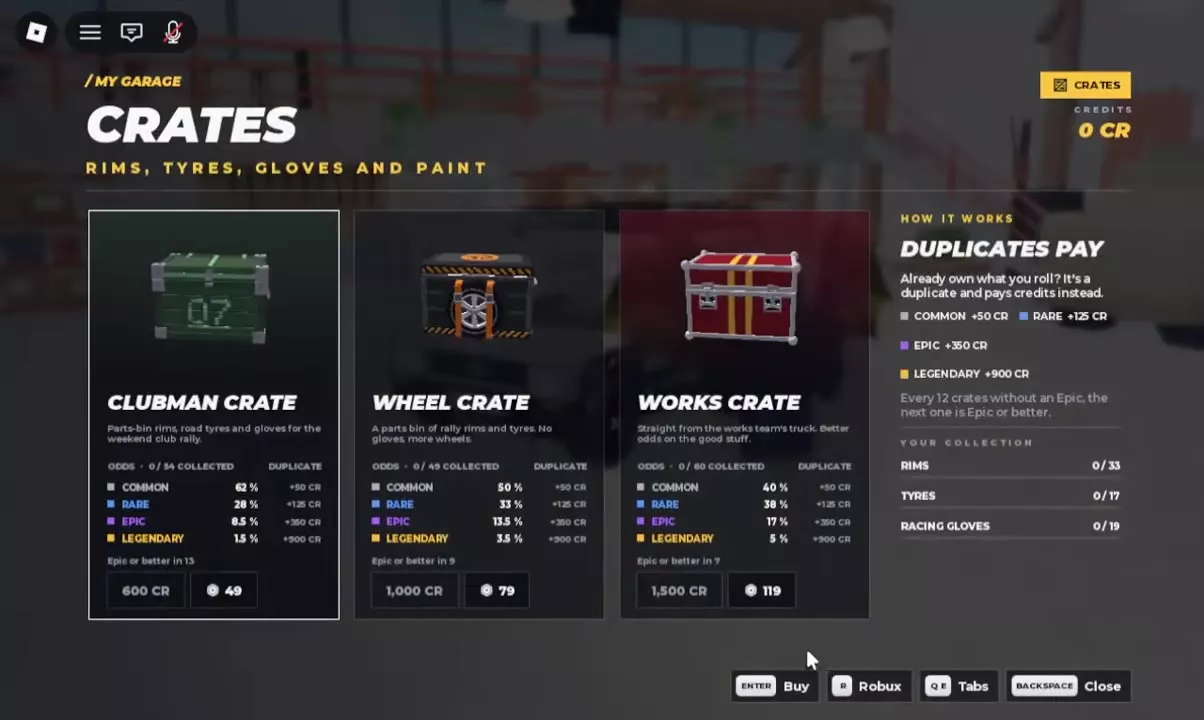 Crates menu with Clubman, Wheel and Works cards, individual pity counters, duplicate credit payouts and purchase controls.