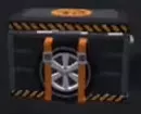 Black Wheel Crate with orange straps and a wheel on the front.