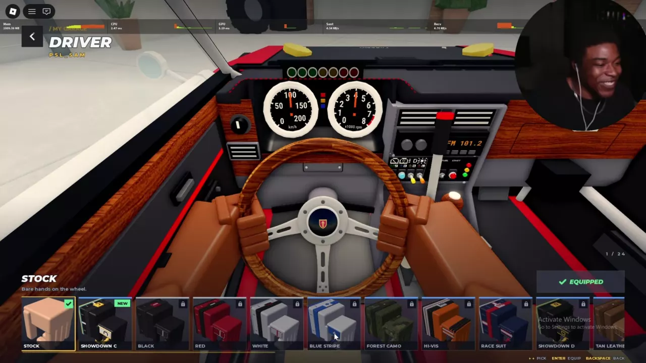 Driver menu with Stock equipped, Showdown C marked NEW, and selection and equip controls.