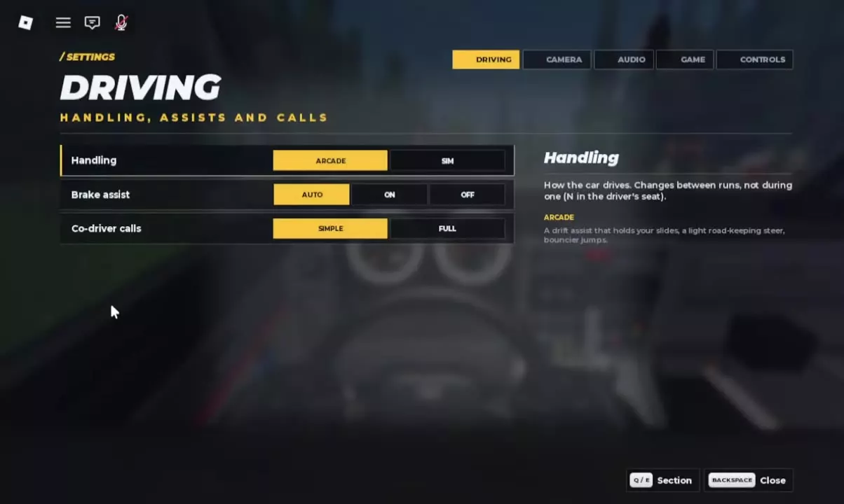 Driving settings with Handling, Brake assist, and Co-driver calls options.